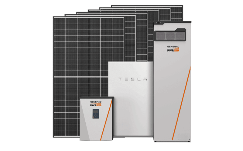 solar panels standing next to tesla battery