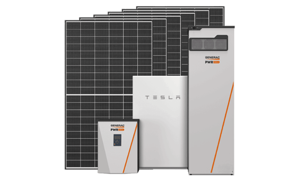 solar panels standing next to tesla battery