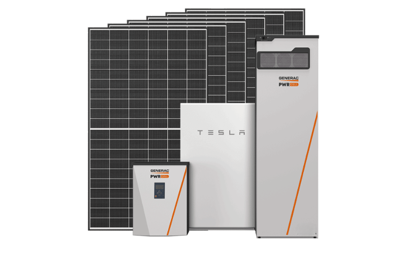 solar panels standing next to tesla battery